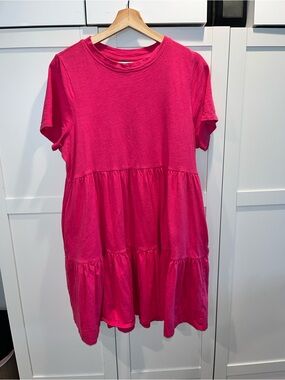 Bright Pink Tiered Short-Sleeve Dress